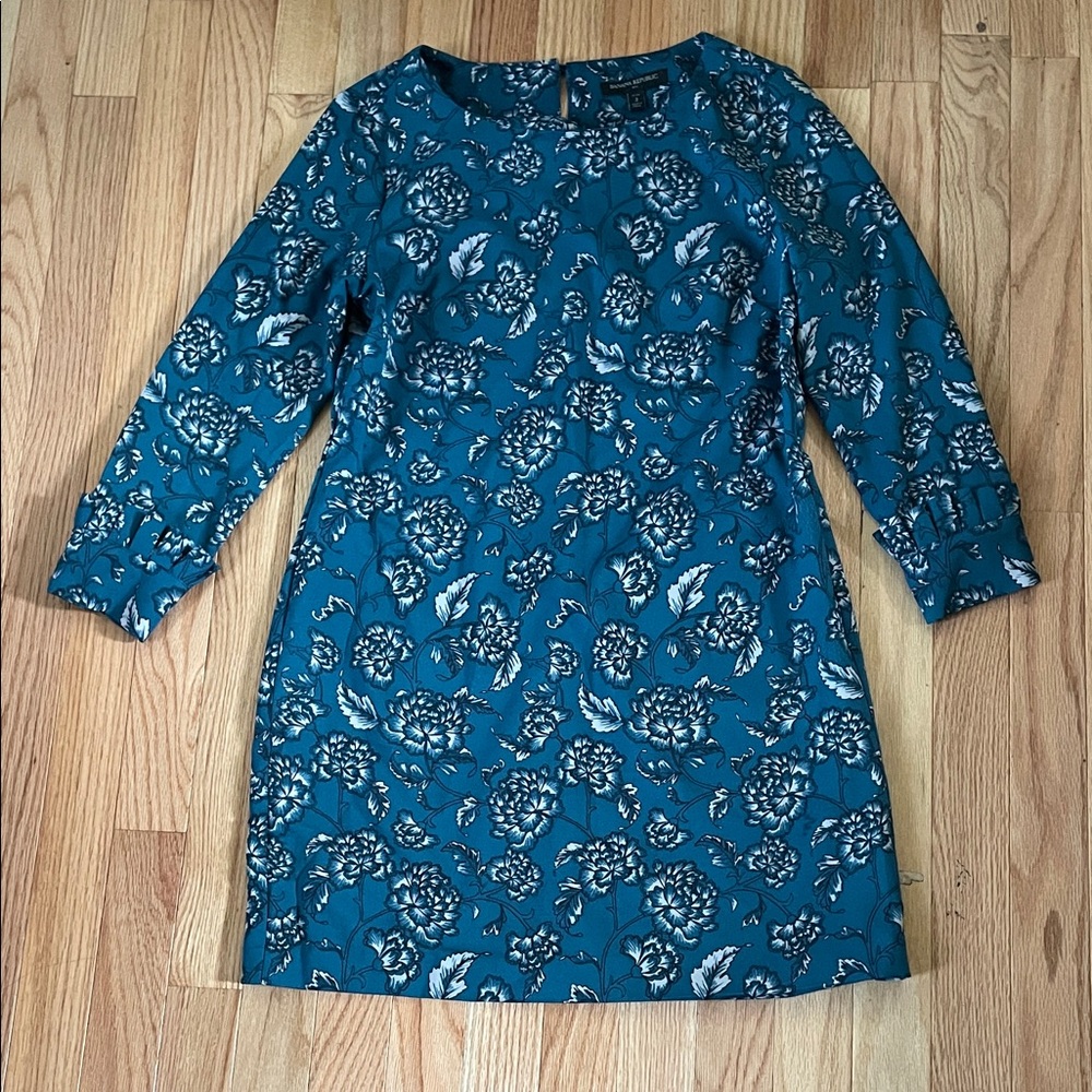 Banana Republic Tunic Mini Dress Womens 2 Blue Floral Print Mature Elegant